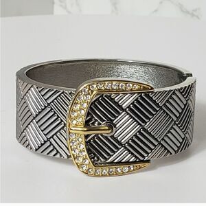 MIXED METALS & RHINESTONE Belt Design Hinged Cuff Bracelet